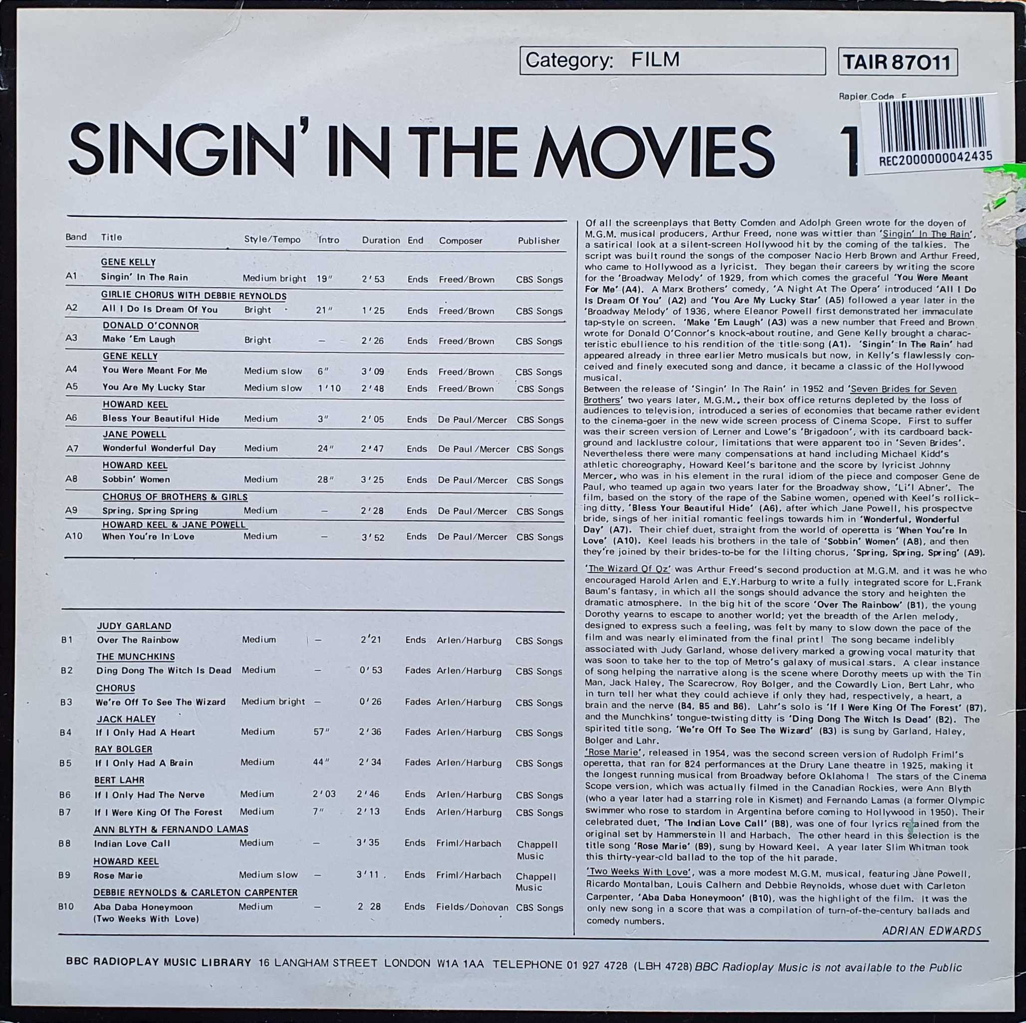 Picture of TAIR 87011 Singin' in the Movies 1 by artist Various from the BBC records and Tapes library